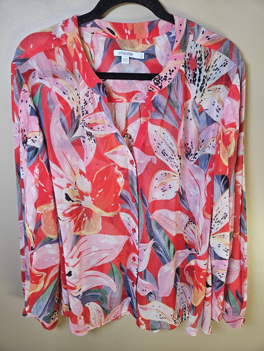Chico's Red Floral Sheer Balloon Sleeves Lightweight Spring Summer Blouse XXL 20